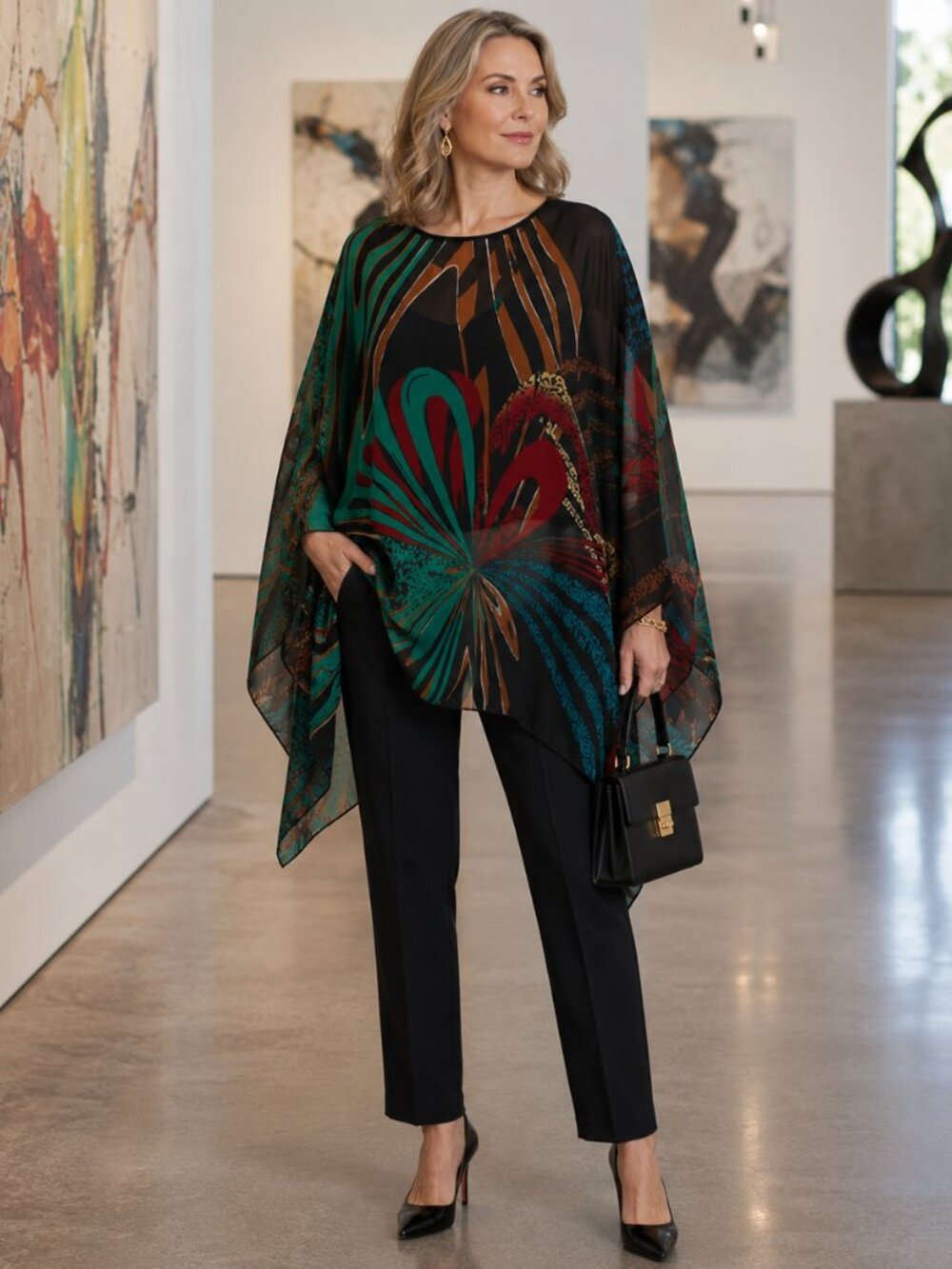 Wiiiwish Abstract Chiffon Caftan Poncho Top | Boho Resort Batwing Tunic